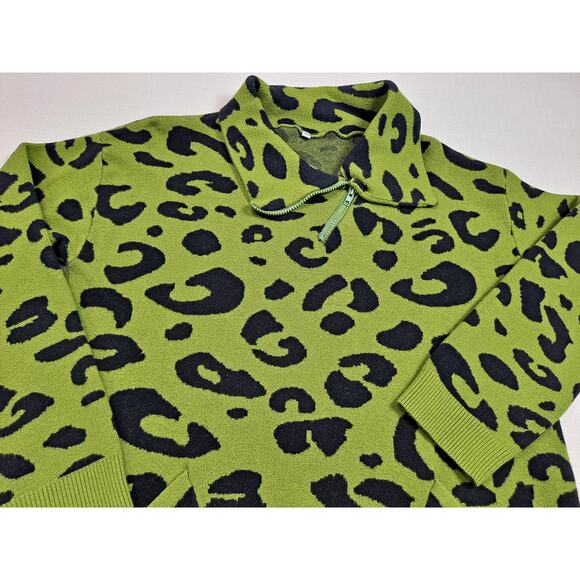 Women's Large Sweater Lime Green/Black Leopard Print Quarter Zip Neckline - Picture 9 of 11